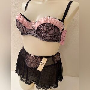 NWT SET Jezebel Bra 36D Felina Flirt Skirt L Pink Satin Black Lace Coordinating